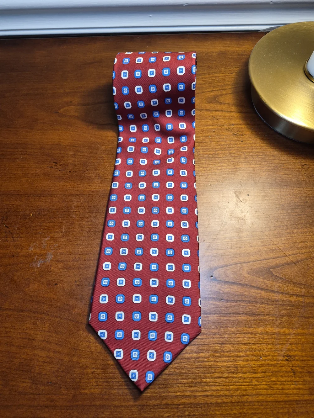 Brooks Brothers Red Silk Tie with Blue and White Geometric Squares